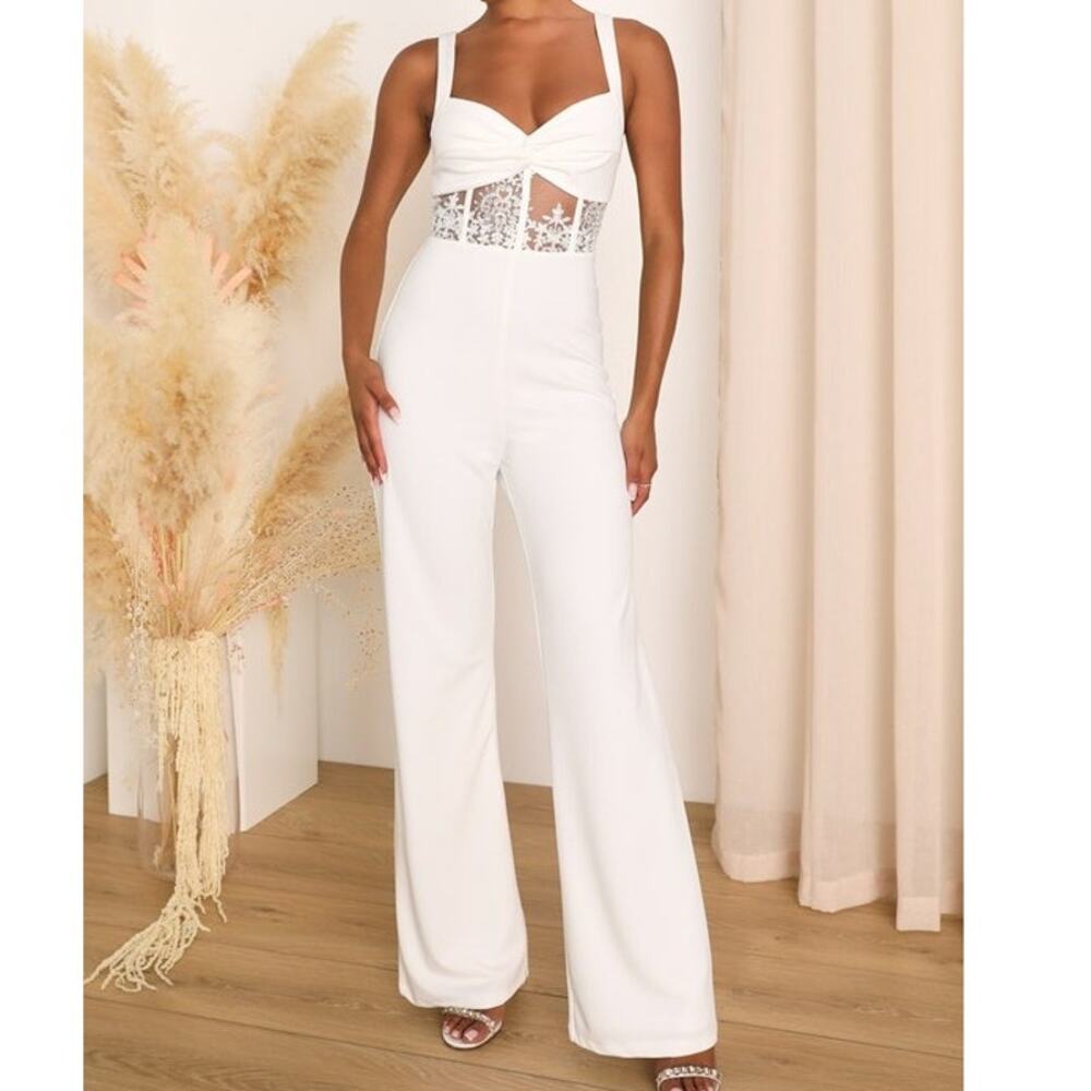 LULU'S M Adore the Feeling White Sleeveless Bustier Twist-Front Jumpsuit
